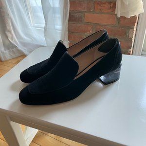 Stuart Weitzman Carmella Loafer, Black Suede with Lucite Heel, Size 5.5